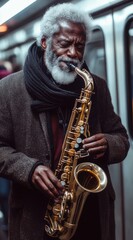 Fototapeta premium Elderly street musician passionately playing a saxophone in a subway station.