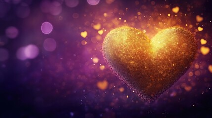 A shimmering heart shape made of glitter against a purple background with bokeh lights.