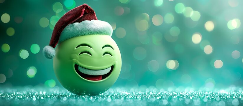 Green Christmas emoji ball with a mischievous grin and a Santa hat, against a vibrant teal abstract background with shimmering RGB lights.