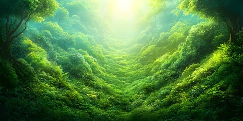 Fototapeta premium Vibrant forest landscape captured from a high drone perspective with sunlight filtering through the lush greenery