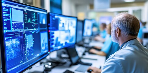 A healthcare professional analyzes data on multiple screens in a high-tech environment, highlighting modern medical technology.