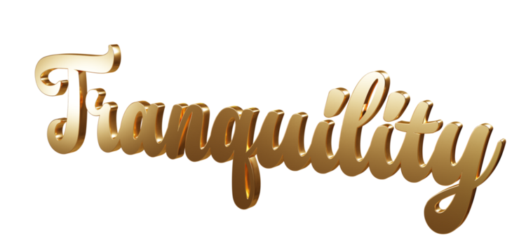 Luxury 3D gold text "Tranquility" on transparent background. Three dimensional Realistic script letters for logotype, symbol, signage, message etc.