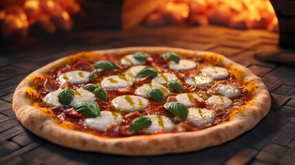 Margarita pizza with olive oil drizzle, rustic brick oven, 3D illustration