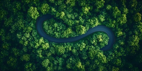 Fototapeta premium Winding Highway Through Lush Tropical Forest Leads to Unseen Vacation Destination