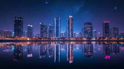 Fototapeta premium Cityscape at Night with Reflections, a stunning urban cityscape at night