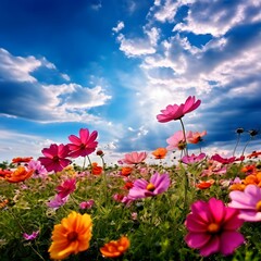 Obraz premium colorful flowers in the field under beautiful clouds natural view