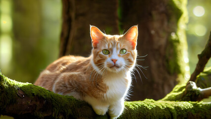 Serene Portrait of an Adorable Fluffy Kitten Perched on a Sunlit Tree Branch with Soft Fur, Bright Green Eyes, and a Harmonious Blend of White, Brown, and Black Stripes Against a Natural Backdrop 