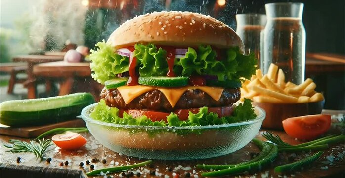 Salt is falling on a burger from above