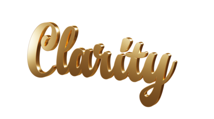 Luxury 3D gold text "Clarity" on transparent background. Three dimensional Realistic script letters for logotype, symbol, signage, message etc.