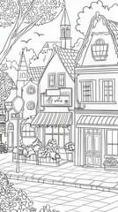 Obraz premium coloring book, cartoon style, street in the city in white background, houses, tree, garden, small shops, bus stop, church, cars 
