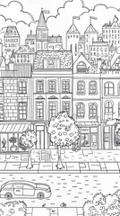 coloring book, cartoon style, street in the city in white background, houses, tree, garden, small shops, bus stop, church, cars 