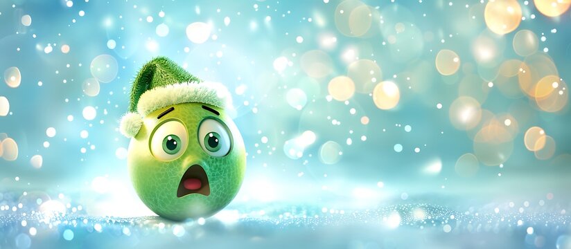 Green emoji Christmas ball showing a surprised expression, adorned with a Santa hat, against a light blue abstract background illuminated by shimmering RGB lights.