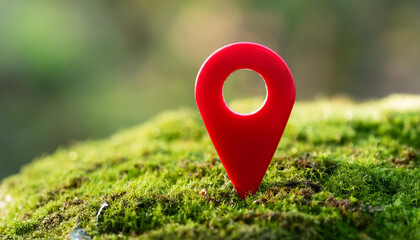 Red location pin on green moss in forest. Travel and nature concept. GPS, guidance and direction.