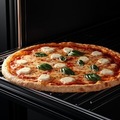 Thin-crust margarita pizza, oven door slightly open, 3D illustration