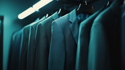Fashionable men suits hanging in a retail clothing store. Luxury male wardrobe