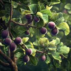 fig tree with luscious figs hanging from its branches creates vibrant and inviting scene. rich green leaves complement deep purple figs, showcasing natures beauty