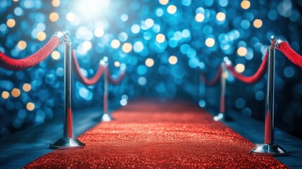 The classic red carpet setup with rows of velvet ropes creates a luxurious path toward an exclusive event, with a backdrop of flashing lights.