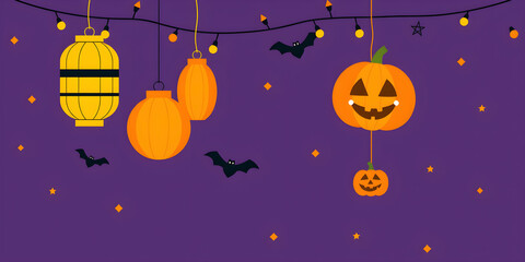 Naklejka premium Halloween background with lanterns and the core drive purple and orange. Enough space is for text.