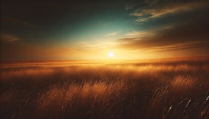A serene and solitary scene of a vast, golden field of tall grass during sunset