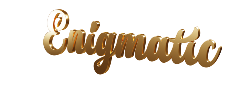 Luxury 3D gold text "Enigmatic" on transparent background. Three dimensional Realistic script letters for logotype, symbol, signage, message etc.