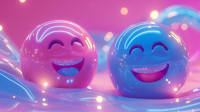 Happy pink and blue emoji balls with vibrant abstract pink and blue background, RGB lights glowing inside