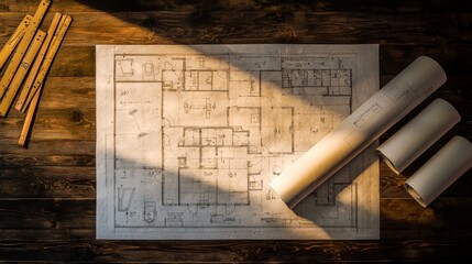 Obraz premium Architectural blueprint floor plans displayed on a table for property development and construction