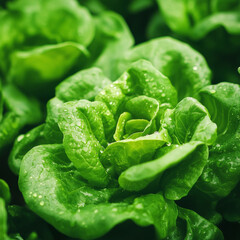 Lush green lettuce leaves glistening with water droplets create vibrant and fresh atmosphere, showcasing beauty of organic farming