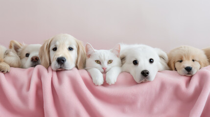 A group of dogs and cats are laying together on a pink blanket. Pets all resting together at home.