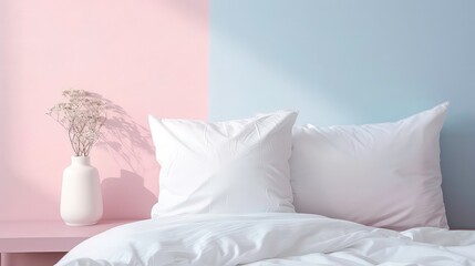 A minimalistic bedroom interior with a pink and blue wall, white bedding, and a vase of dried flowers.