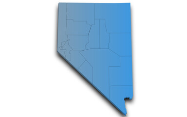 3d Map of Nevada state with counties and color. United State of America, US, United State