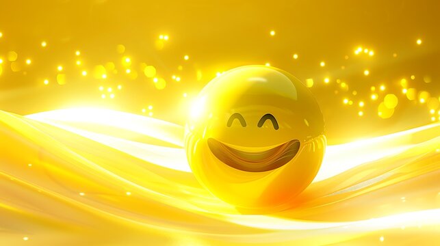 Happy yellow emoji ball with a vibrant abstract yellow and white background, glowing with RGB lights