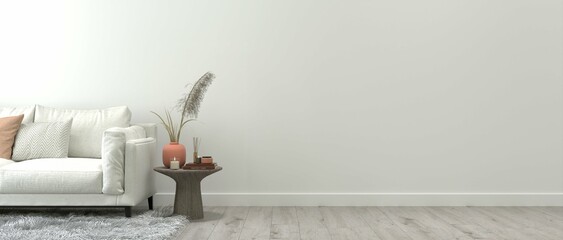 Cozy living room scene featuring a white sofa, decorative pillows, and a stylish side table against a light wall. 3D rendering