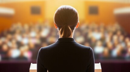 Fototapeta premium Woman at the podium speaking at a business conference, with the audience in soft focus, capturing the essence of leadership and public speaking.