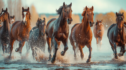 A herd of bay horses running through the river bank. Wild horses gallop through the water along the beach.