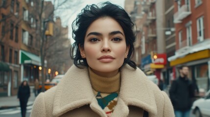 Fototapeta premium Woman in a beige coat casually walking along a busy street, blending into the fast-paced city life.