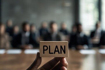 Fototapeta premium Close-up of a hand holding a block with the word 'PLAN' in a meeting setting.