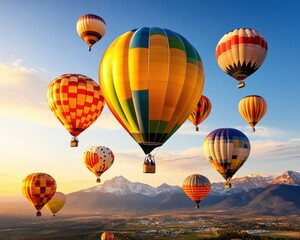 Obraz premium A vibrant display of hot air balloons soaring above stunning landscapes