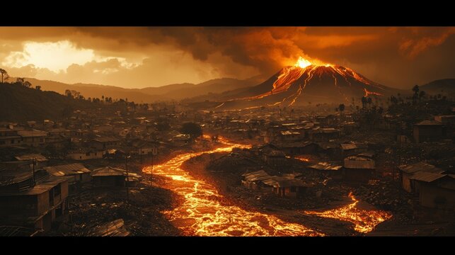 Realistic photo of the eruption of Mount Nyiragongo in the Democratic Republic of the Congo, with lava flowing through the city of Goma, the stark contrast between the urban environment and the relent