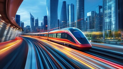 high-speed train curves through a futuristic cityscape, the integration of rail transport into urban environments