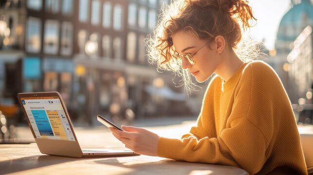 A person sitting at a sunny outdoor cafe, using a travel app on their phone to book tickets, with a laptop open beside them and a look of concentration on their face. 