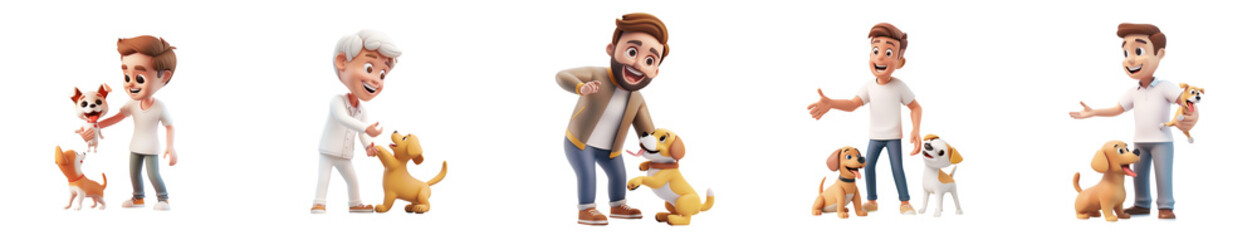 White man mascot playing with dog, 3D cartoon illustration, isolated on transparent background, cute animated style, beautiful colors, generative ai.