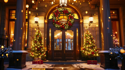 Obraz premium entrance of a hotel with Christmas decorations and Christmas tree 
