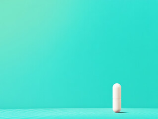 clean, minimalistic representation of white pill against vibrant turquoise background evokes sense of simplicity and calm. design emphasizes pills shape and color, creating striking visual impact