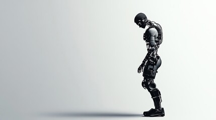 A futuristic robot model in a contemplative pose, showcasing advanced design and technology against a minimalist background.