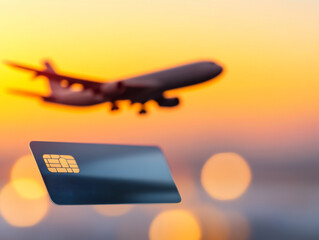 credit card is prominently displayed in foreground, with airplane flying in background against vibrant sunset. This evokes sense of travel and adventure