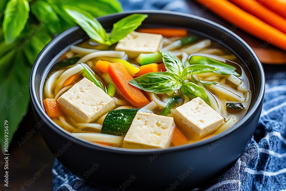 Poster a magical vegetarian noodle soup where the broth glows with mystical light, and the tofu and vegetab