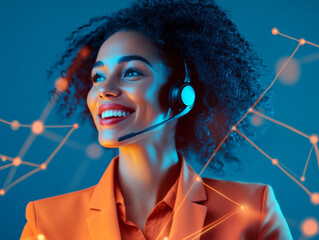 happy customer service representative with headset, smiling and engaging with clients. vibrant background enhances positive atmosphere of support and communication