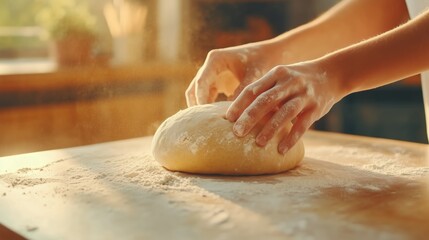 A person preparing dough on a floured countertop, gently kneading it with flour dusting their hands, in a cozy kitchen filled with sunlight.