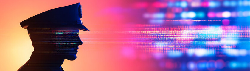 silhouette of police officer against vibrant, colorful background, symbolizing law enforcement and digital technology. image conveys sense of authority and modernity