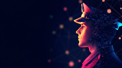 striking silhouette of police officer on patrol, blending technology and tradition, symbolizes safety and vigilance in modern world